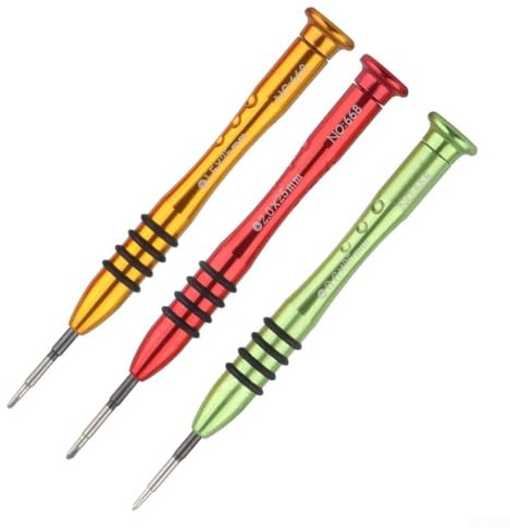 Juego de 3 destornilladores triwing de punta en Y con puntas de 0,6 mm, 1,5 mm, 2,0 mm para reparación de relojes inteligentes de teléfono, herramienta manual con agarre de goma y tapa giratoria