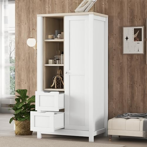 HKTIANYUDA Sliding Door Wardrobe in White with Hanging Rods, 2 Drawers, and Open Shelves for Bedroom Storage