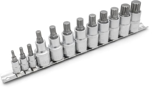 DAKCOS Juego de 12 llaves de vaso con puntas multidientes XZN, M4, M5, M6, M8, M9, M10, M11, M12, M13, M14, M16, M18, Tuercas del CR-V, broca del S2