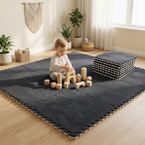 Sats med 12 sammanfogbara plyschpusselmattor, 30 x 30 cm, pusselmatta i skum, golvmattor, pusselmattor för barn, skumgolvmatta, för vardagsrum, sovrum, svart