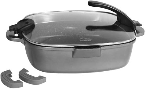 STONELINE Future Poêle à Servir carrée 28x28 cm, avec Becs Verseurs et Couvercle en Verre Passoire, Cuire sans Huile ni Graisse, Revêtement Antiadhésif avec de vraies particules de pierre, Gris