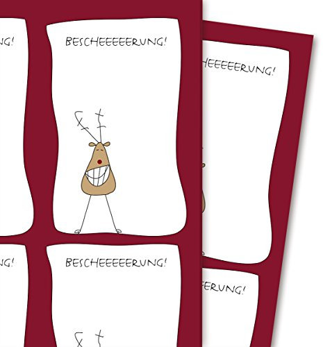 Komische Weihnachts Geschenkpapier mit grinsendem Hirsch: Bescheeeeerung, rot (4 Bögen, 32 x 48 cm) Dekorpapier, Papier zum Einpacken, für tolle Geschenk Verpackung und Überraschungen
