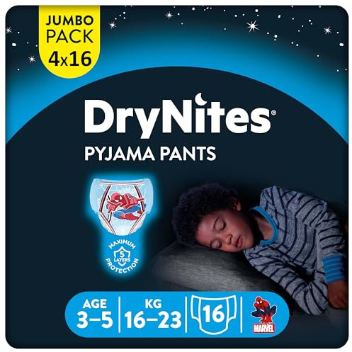 HUGGIES DryNites saugfähige Nachtwindeln bei Bettnässen, Für Jungen 3-5 Jahre (16-23 kg), 64 Stück, Jumbo Monatspackung, Windel-Pants