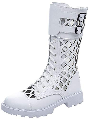 Jamron Mujer Hollow Out Cremallera Booties Sandalias Planas Verano Otoño Media Pierna Botas Romanas Blanco SN07719 EU38.5