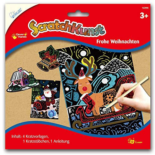 Mammut 162006 - Kratzbilder ScratchKunst Motiv Frohe Weihnachten, Komplettset mit 4 Kratzvorlagen, Kratzstäbchen und Anleitung, Scraper, Kratzset f. Kinder ab 3 J.