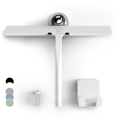 GÜTEWERK Set di estrattori per doccia, in silicone, accessori igienici, per il bagno, estrattore di vetro con supporto a ventosa, elegante estrattore per finestre, 28 cm, accessori bianchi