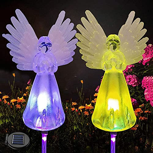 ZVO Lampe Solaire Extérieur Jardin, Lot de 2 Lampes LED Anges Multicolores Energie Solaires, Lumières éclairage de Pieu Changement Couleur Décoratives avec 7 LED pour Noël Terrasse Cour Pelouse Deco
