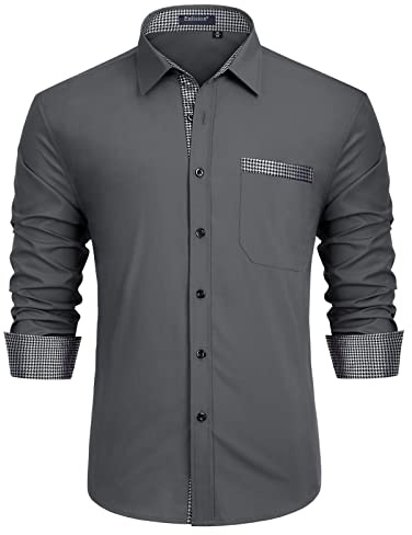 Enlision Camisa Gris Hombre de Vestir Manga Larga Camisas Formales Boda Elegantes Camisa Casual Regular Fit con Bolsillo L