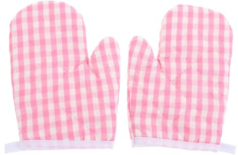 Angoily 2Pcs Kids Oven Mitts for Children Play Kitchen, Microwave Oven Gloves Kitchen Baking Mitts, Red Checkered Heat Resistant Kitchen Mitts for Safe Backing Cooking BBQ (Pink),