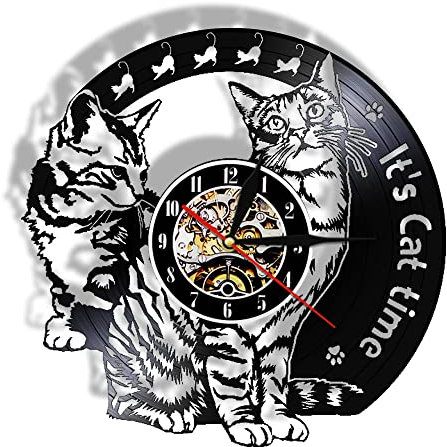 Smotly Vinyl Wanduhr, Katze Muster Design Moderne Wanduhr Wohnkultur Stille Wanduhr Geschenk.(Ohne Licht)