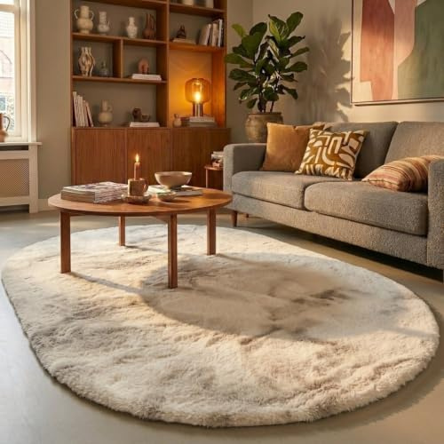 Hochflor Teppich Oval - Comfy Supreme Creme - 100x152cm | Einfarbig - Industrielle, Ländlich, Modern, Skandinavisch - Wohnzimmer, Schlafzimmer - Fellteppich