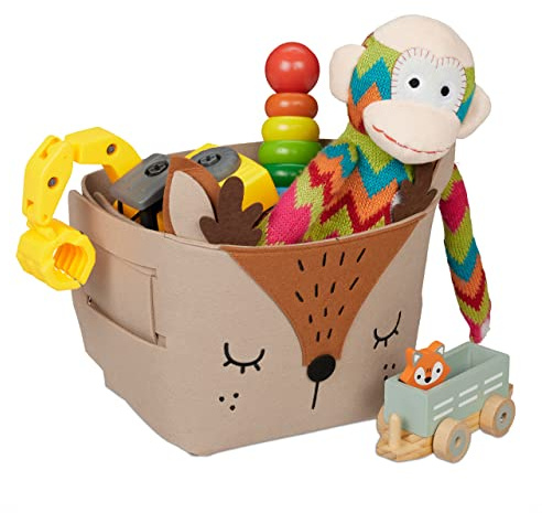 Relaxdays Aufbewahrungskorb Filz, REH-Motiv, Filzkorb für Kinder, faltbar, HBT: 24 x 27 x 18 cm, Spielzeugkorb, braun