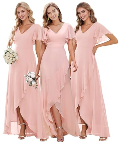 Ever-Pretty Robe de Bal Femme Longue Asymétrique Manches Courtes Col V Fendue Fluide Chic Rose Clair 40