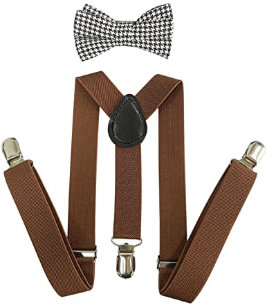 SUNTRADE Kids Clip-on Suspenders Elastic Y-Shape Adjustable and Bow Tie Set for Christmas Party Costume Dress (Brown)