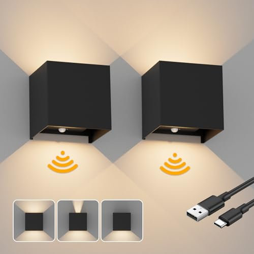 Coinmit 2 Stück LED Wandleuchte mit Bewegungssensor, 3000K Wandlampen für innen, 5500mAh Wandleuchte mit Akkus für Innenräume, Verstellbarer Lichtstrahl, Treppenhäuser, usw, Schwarz
