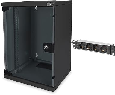 DIGITUS Set: 10 9HE Netzwerkschrank + 4-Port PDU Steckdosenleiste // 10-Zoll Rack – Wandmontage – HxBxT 464 x 312 x 300 mm – Traglast 30kg – Nutztiefe 240mm – Schwarz