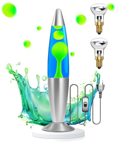 DoRight Lavalampe 13,5 Zoll Retro Rocket, Grün Wachs/Blau Wasser Dekorative Lavalampen, 1,85M Drähte, EU-Stecker mit 2x25W R39 E14 Lavalampe Glühbirne für Kinder & Erwachsenen Geschenk AC220-240V