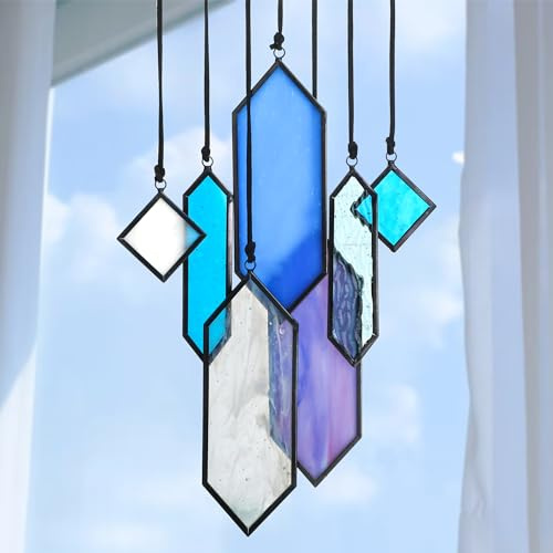 7pcs Stained Glass Window Hanging Suncatchers Modern Blue Wall Art Ornament | Blue Dreams,Sun Catchers Indoor Window,Home Garden Decor,Element Earth Tones Panel Set,Gift For Women,With String & Hook
