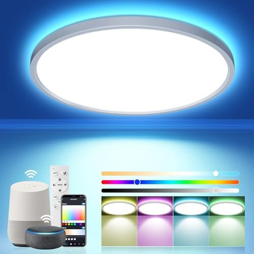 OTREN Plafoniera LED Soffitto con RGB, Lampada LED Soffitto con Telecomando - Lampadario Compatibile con Alexa Google Home - IP44 Plafoniere per Bagno Soggiorno Camera da Letto, Ø30CM