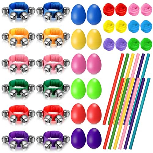 Gemscream 48 Pcs Shaker Musical Instruments, 12 Egg Shaker 12 Adjustable Wrist Hand Band Jingle Bells 12 Dance Scarves and 12 Rhythm Sticks for Music Learning Classroom Activities Birthday Party