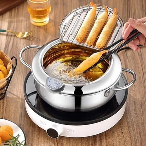 Fritteuse Aus Edelstahl 304, Tempura-Fritteuse, Kleine Haushaltsfritteuse, mit Thermometer, Antihaft-Pfanne, Suppentopf