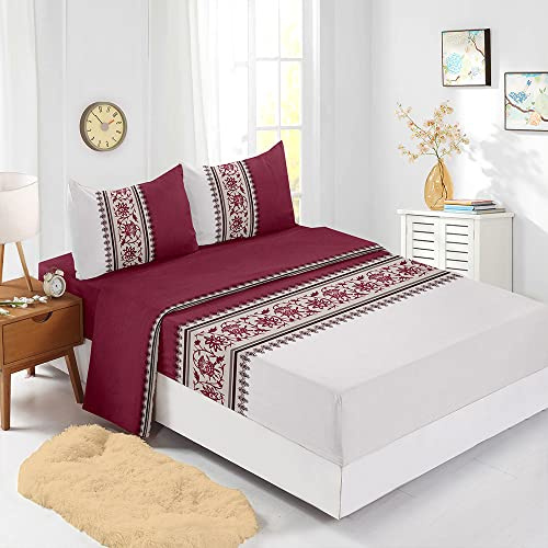 ENEN Parure de Lit 4 Pièces, Drap Housse - Drap Plat - 1/2 Taie d'oreiller 50x75cm, Microfibre Ensembles Literie pour Lit Double/Simple (140x190cm,Bourgogne)