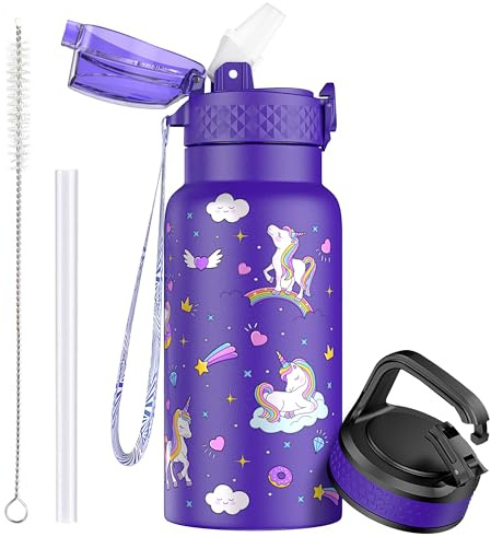 OLDLEY 500 ml/17 oz barn rostfritt stål isolerad vattenflaska med sugrör dubbelväggig metall vakuum läckagesäker återanvändbar liten flaska med 2 olika lock varma kalla drycker för pojkar