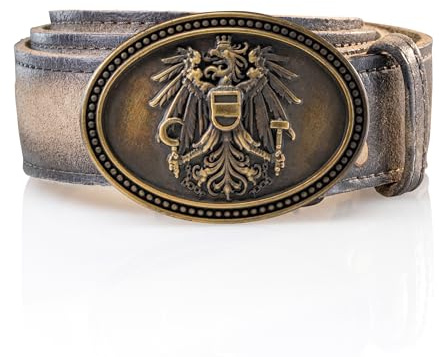 Schöneberger Trachten Couture Herren Trachtengürtel Austria, Lederhosen Gürtel mit Österreich Adler Schnalle, Ledergürtel aus Wildbock-Leder, Falco