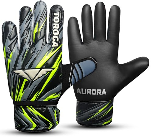 TOROGA fotbollsmålvaktshandskar, fotbollsmålvaktshandskar för barn, pojkar, barn, ungdomsmålvakt med 4mm latex supergrepp, fingerryggskydd, halkfri handflata (svart, 4, vänster- och högerhänt)