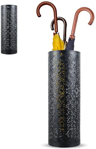 Porta ombrelli in metallo rotondo, supporto per ombrelli in stile moderno con scultura, portaombrelli con ganci per dormitorio, ingresso, portico, 15 x 15 x 42 cm (nero)