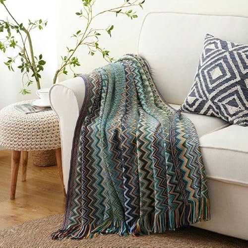 HBKUHIUT Kuscheldecke Bohemian Strickdecke mit Quaste Decken Dekodecke-Blau-130x200 und 2x10cm