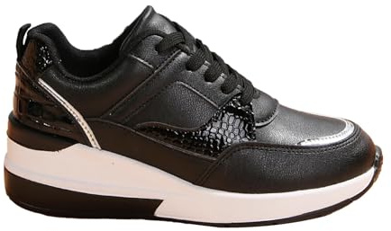 Baskets Femme Compensées Cuir Mode Respirant Léger Bout Rond à Lacets Extérieur Antidérapant Chaussures de Sport Randonnée Sneakers Confortable Chic (Black, 39)