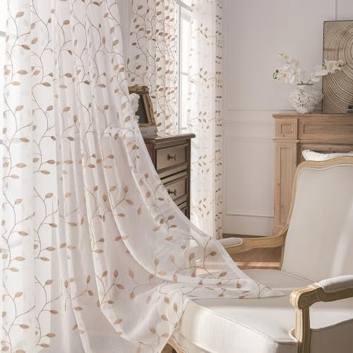 Epinki Skivgardin badrum, beige skivgardiner, halvtransparenta grenar blad, polyester, halvtransparent voile-gardin för privat sfär, fönstergardin, vardagsrum, 2, 76 x 91,5 cm (B x H)