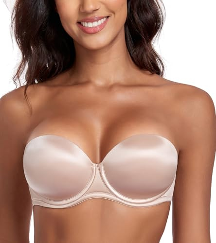 Lemorosy Soutien-Gorge Femme sans Bretelle Push Up à Armature Rembourré Multiposition Support (Beige,90A)