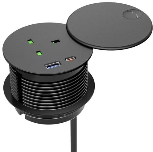 Desk Power Grommet Socket, Airmom Desk Power Socket with USB & USB-C, 80mm Recessed Power Strip PD 20W,Extension Lead Grommet Socket 2m Cable, with Rotatable Protect Cover for Home, Office -Black
