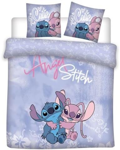 Juego de cama doble Angel & Stitch para 2 personas, funda nórdica reversible de 240 x 220 cm y 2 fundas de almohada de 65 x 65 cm, polialgodón