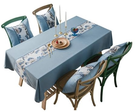 Tischdecke Abwaschbar Blau, Baumwollleinen Abwaschbare Tischdecke Stickerei Abwaschbare Tischdecke Rechteck 135X260CM