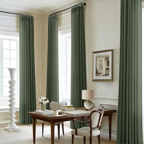 Leinen-Vorhänge, 244 cm lang, für Wohnzimmer, Schlafzimmer, dunkelgrün, lichtfilternd, halbtransparent, 244 cm, für Decke, Boden, maßgeschneidert, Quetschfaltenvorhang mit Haken, Ringen, 2,4 m