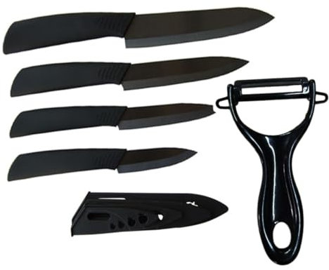 HOLIDYOYO Set di da Cucina in Ceramica 5 Pezzi Set di Posate con Pelapatate Antiruggine Comodo Manico in ABS Nero