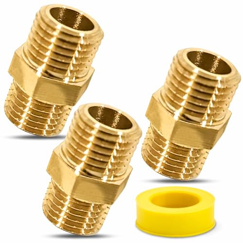 PipeSan Mamelon double 1/4″ en laiton avec ruban PTFE (téflon) – Lot de 3 pièces – Filetage mâle BSP hexagonal – Raccord eau gaz air comprimé – Haute pression 10 bar / 120 °C – Anti-corrosion
