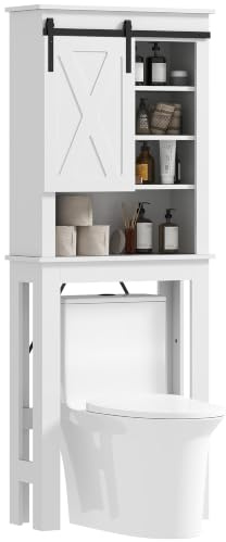 HOMCOM Meuble WC Dessus de Toilette Meuble Toilettes WC Rangement Meuble Salle de Bain avec 6 Compartiments et Porte de Grange coulissante, Blanc
