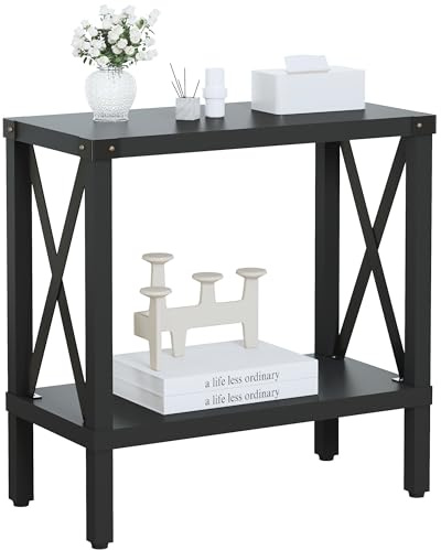 MMEOLUOOK Narrow End Table, Large Sofa Side Table, Farmhouse Nightstand with Storage Shelve, Slim Bedside Table for Living, Room Bedroom, Lounge Black MLBZ17B