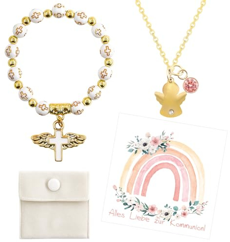 Jesus Rosenkranz Kreuzarmband Kommunion für Kinder Mit Schutzengel Kette & Grußkarten & Geschenkbeutel Christliche Armbänder Elastisches Verstellbares Rosary Armband Geschenke Für Frauen Und Mädchen