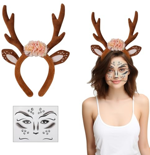 Aruigu Karneval Kostüm Damen Mädchen, Haarreif Reh Geweih Hörner Rehohren mit Blumen + Reh Gesichtstattoo, Damen Kinder Reh kostüm Kopfschmuck Haarreifen Halloween Kostüm (Geweih A)