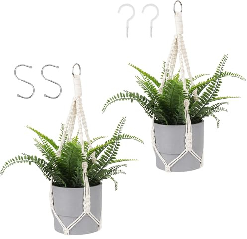 Larrel Macrame Plant Hanger, 2PCS Plant Hangers Indoor Hanging Planter Basket with 2 Hooks Wood Beads Decorative Flower Pot Holder for Indoor Outdoor Boho Home Decor