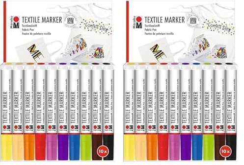 Marabu Textile Marker, 10er Set Textilstifte für helle Stoffe, Stoffmalstifte mit 3 mm Spitze, kräftige Farben auf Wasserbasis, vegan, nach Fixierung waschmaschinenfest bis 60°C, 0115000000200