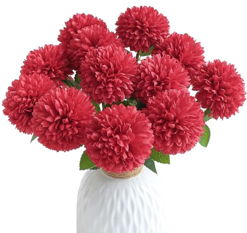 Floroom 12pcs Dark Red Faux Silk Mums Artificial Flowers Bulk Fake Chrysanthemums with Stems for DIY Wedding Bouquets Table Centerpieces Floral Arrangements Fillers Home Decorations