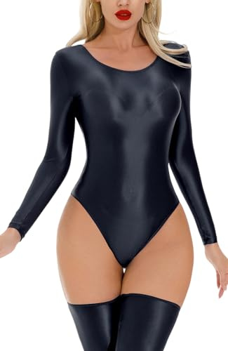Maeau Women's Oil Glossy Bodysuit Wet Look Jumpsuit Shiny Catsuit Lingerie Tights Long Sleeve L Black