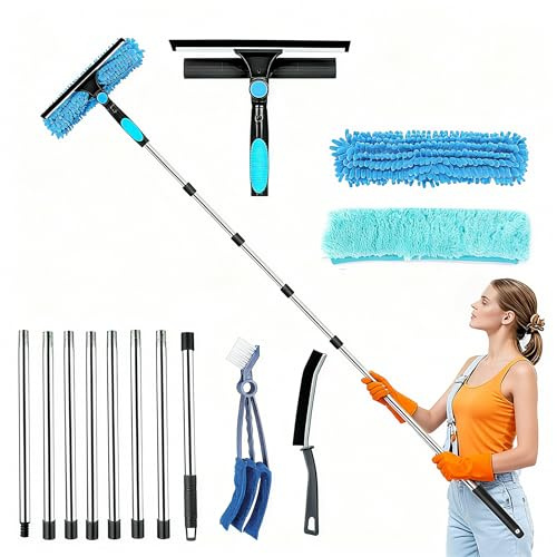 3M Window Cleaning Equipment – Window Squeegee Cleaner Tool Kit, 2 Crevice Brushes & 3 Microfiber Cloths, 8 Section Extendable Window Cleaning Poles for High Window Car Glass