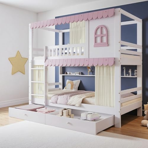 Naptly Kinderbett 90x200 mit Leiter und 2 Schubladen, Etagenbett im Haus-Design, Hochbett aus Massivholz, platzsparendes Doppelstockbett für Mädchen und Jungen, Kinderzimmer Eierschalenweiß